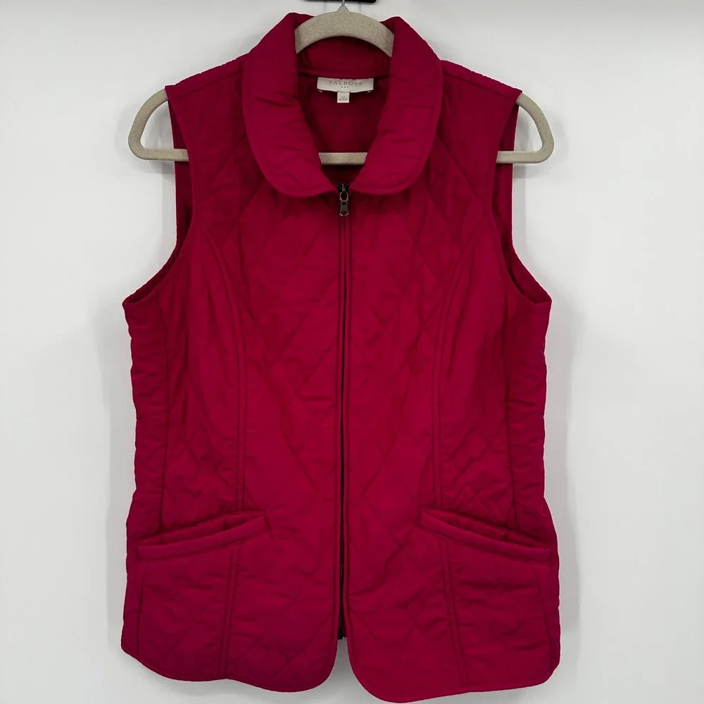 Talbots Quilted Vest Women's Size 12 Pink Full‎ Zip Collared Pockets